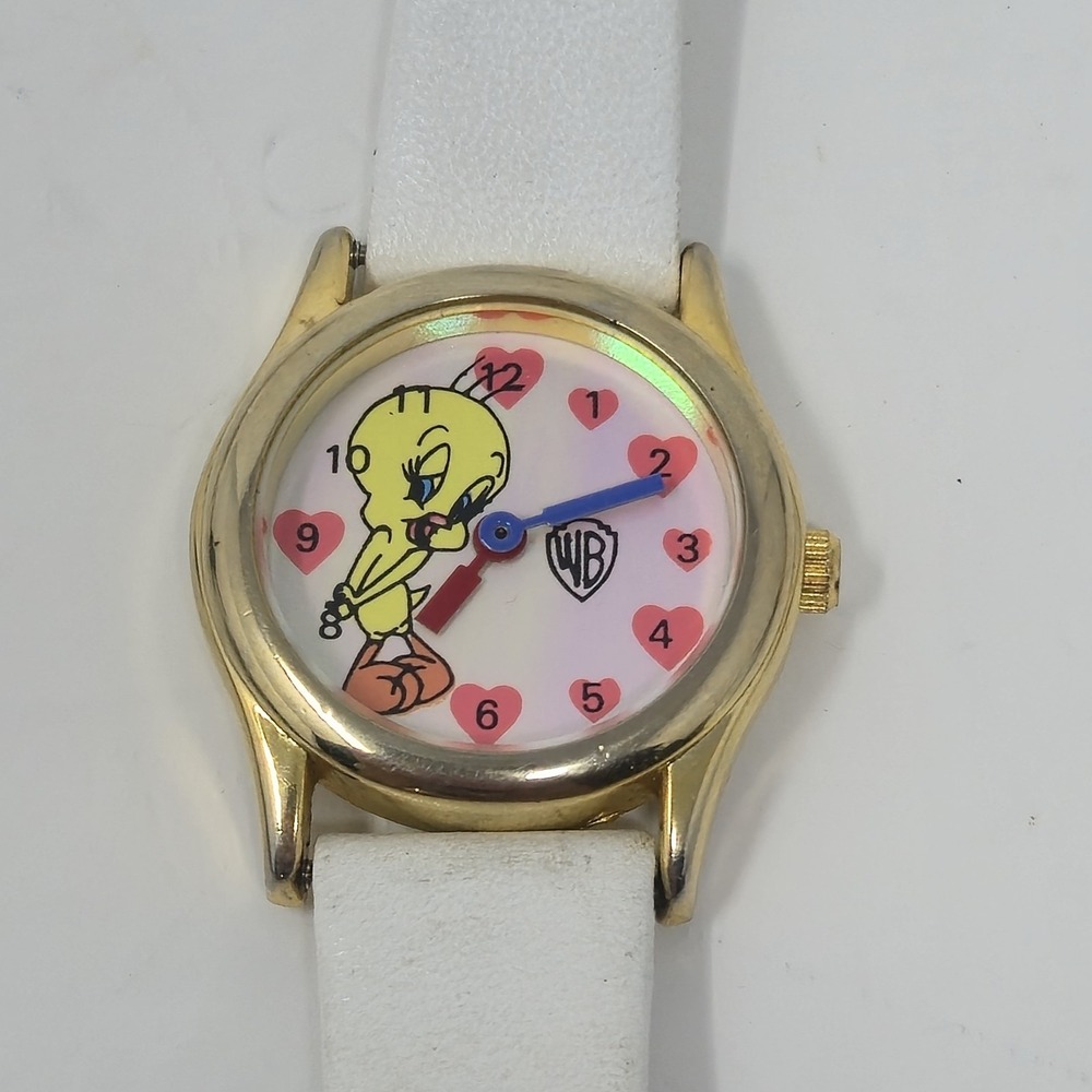 Vintage Warner Bros Tweety Bird Watch 1990s Gold Tone White Leather Band PARTS